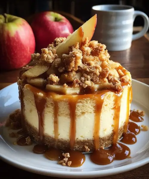 Caramel apple crumble cheesecake with caramel drizzle