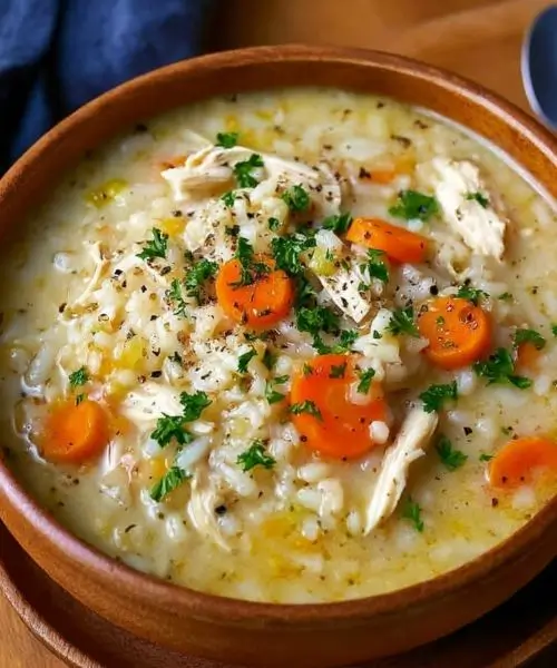 Comforting chicken rice soup with carrots and shredded chicken