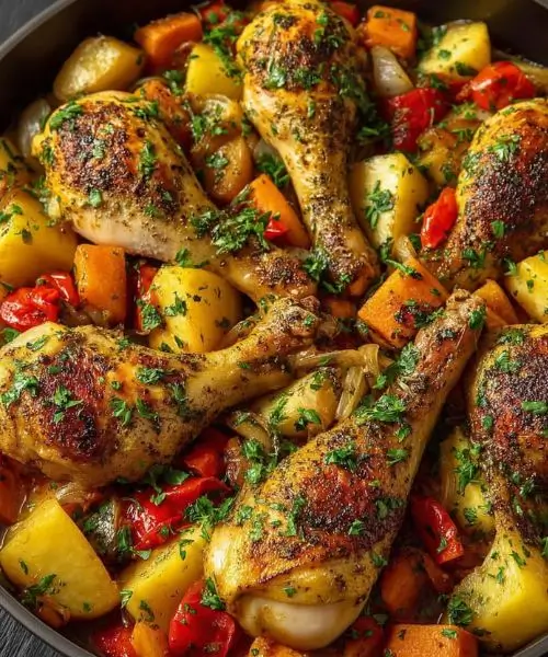 Baked chicken drumsticks with roasted potatoes and vegetables