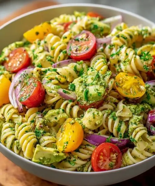 Creamy avocado pasta salad with rotini and cherry tomatoes