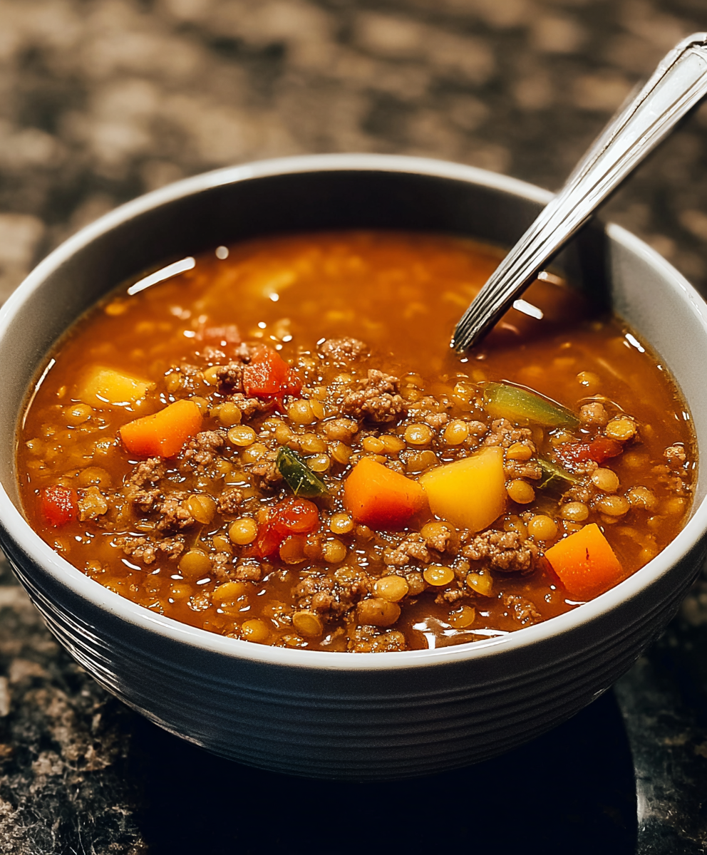 Lentil soup with ground beef, carrots, and potatoes