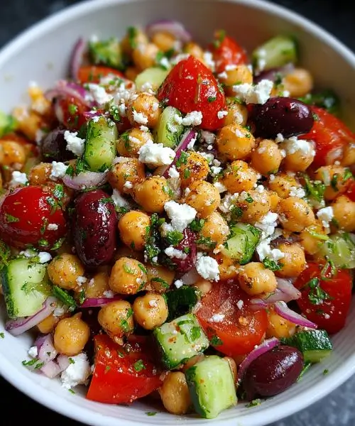 Mediterranean chickpea salad with cucumber, tomatoes, olives, and feta