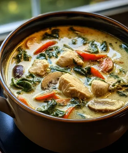 Creamy chicken and spinach soup in a bowl