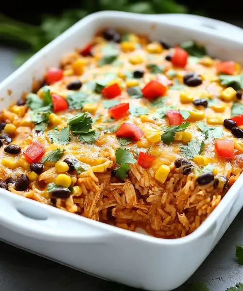 Cheesy Mexican chicken rice casserole with black beans and corn