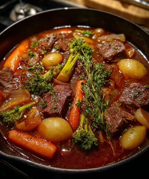 Hearty beef and vegetable stew with potatoes and carrots