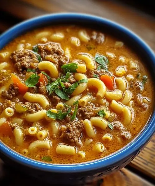 Beef and macaroni soup in a bowl
