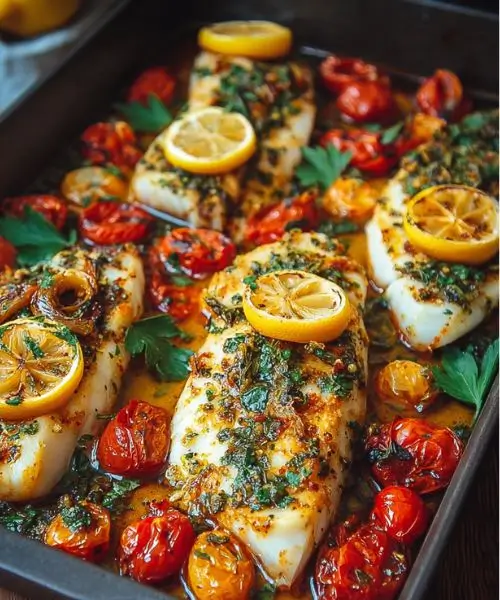 Lemon herb baked fish with roasted tomatoes and lemon slices
