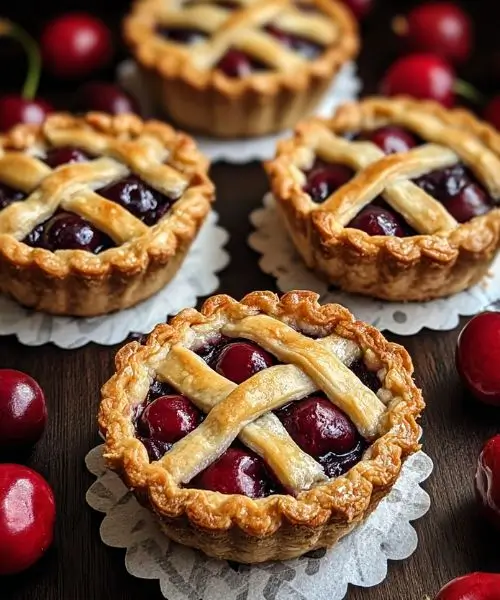 Mini cherry lattice pies with golden crust