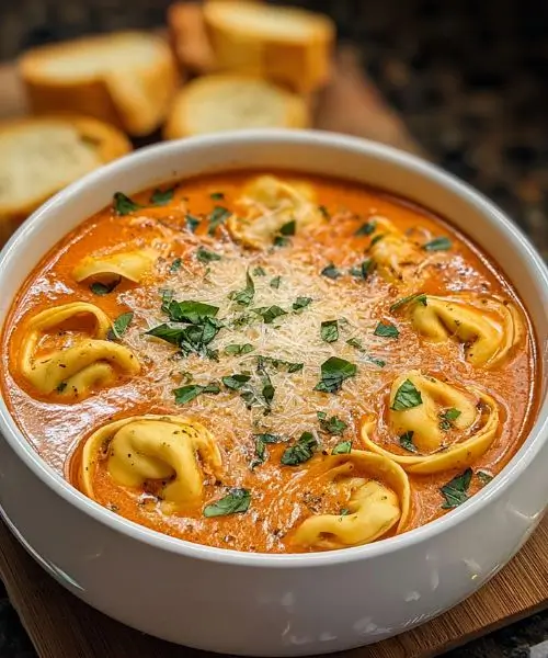 Creamy tomato tortellini soup with parmesan and herbs