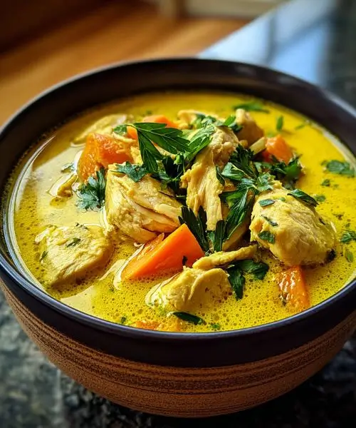 Creamy chicken curry soup with tender chicken and herbs