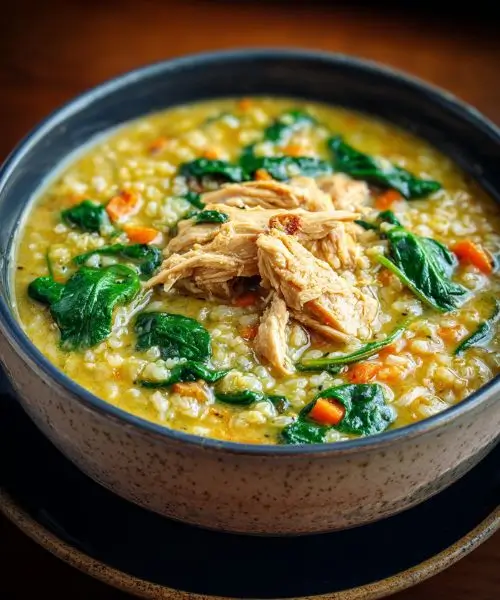 Creamy chicken lentil soup with spinach and vegetables