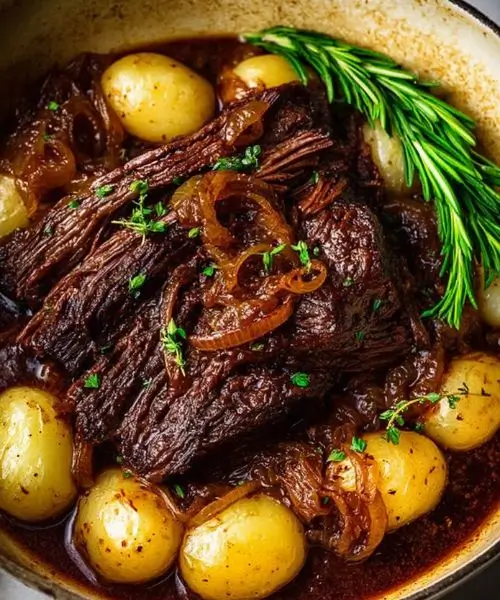 Braised beef with potatoes and onions in rich gravy