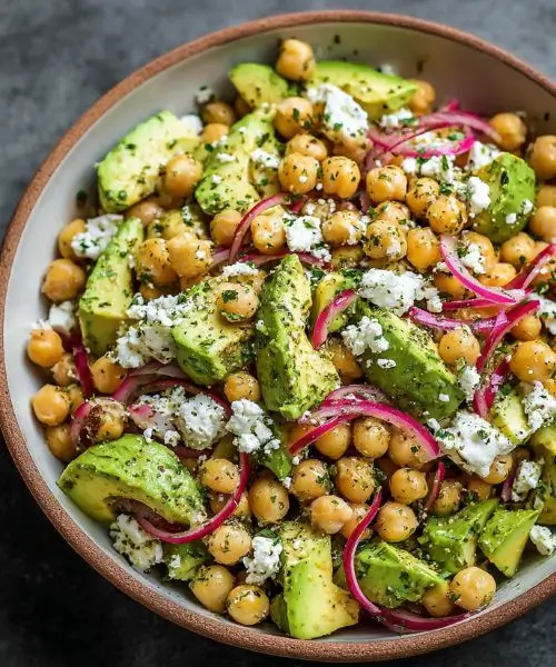 chickpea feta avocado salad with lemon herb dressing