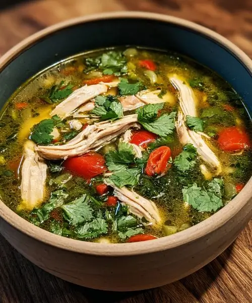 Bowl of chicken vegetable soup with fresh herbs