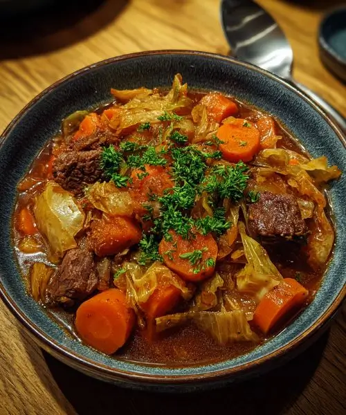 Hearty beef cabbage stew with carrots and rich broth