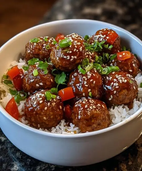 Teriyaki sesame meatballs rice bowl