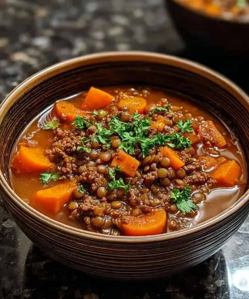 Lentil soup with ground beef and carrots in a bowl
