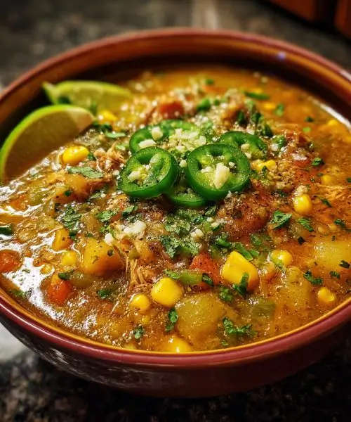 Spicy chicken corn soup with shredded chicken, sweet corn, and jalapeño slices