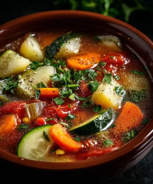 Homestyle mixed vegetable soup with carrots, potatoes, and zucchini