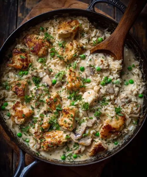 ShrimpAndBeef creamy smothered chicken and rice in skillet