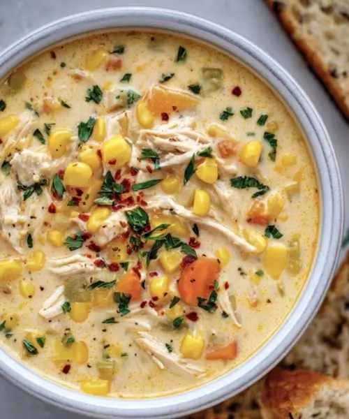 Crockpot chicken corn chowder with shredded chicken and sweet corn