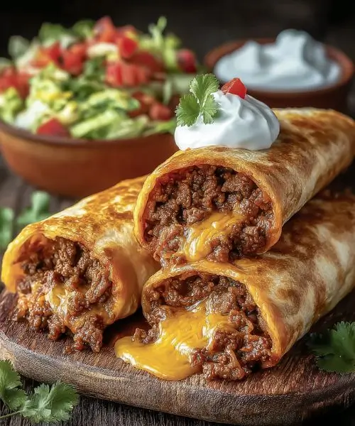 Beef and Cheese Chimichangas filled with seasoned ground beef and melted cheddar cheese, topped with sour cream.