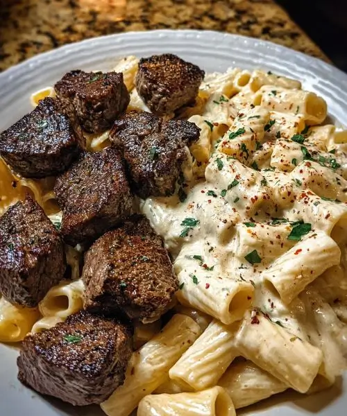 Butter steak rigatoni with parmesan cheese featuring seared steak bites and creamy parmesan sauce.