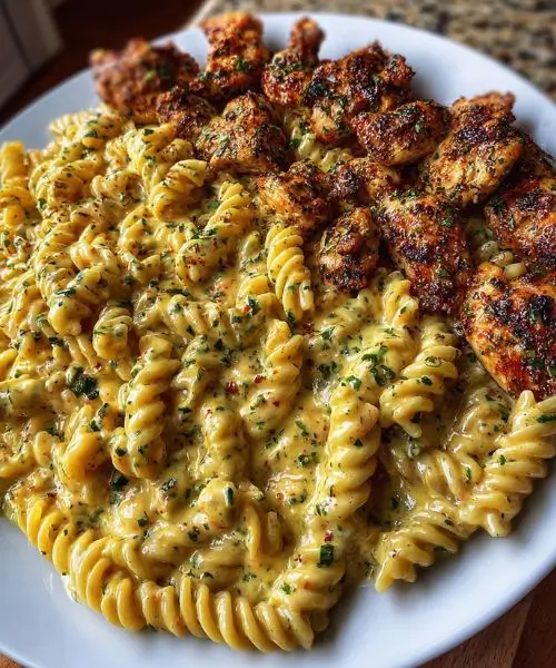 Chicken rotini in creamy Alfredo sauce topped with seasoned grilled chicken pieces and fresh herbs.