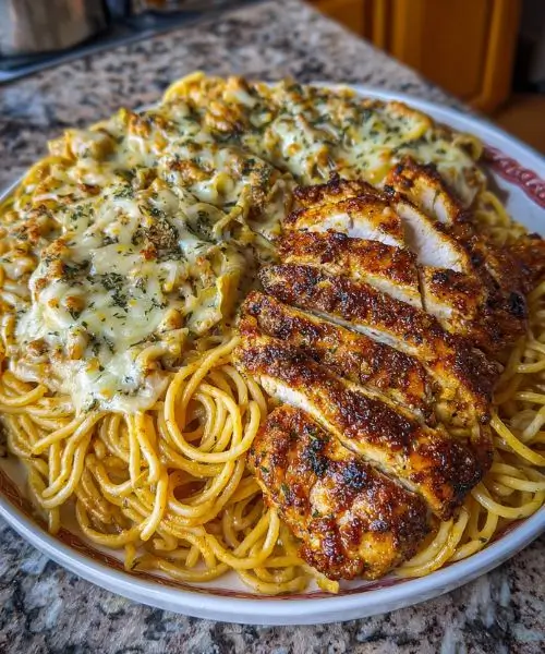 Chicken with Cheesy Baked Spaghetti served over cheesy baked spaghetti topped with melted mozzarella and herbs.