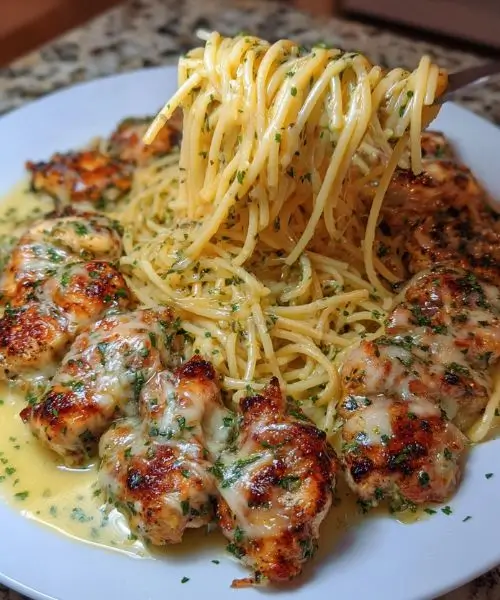 Cheesy mozzarella garlic parmesan chicken served over creamy spaghetti with melted cheese and fresh herbs.