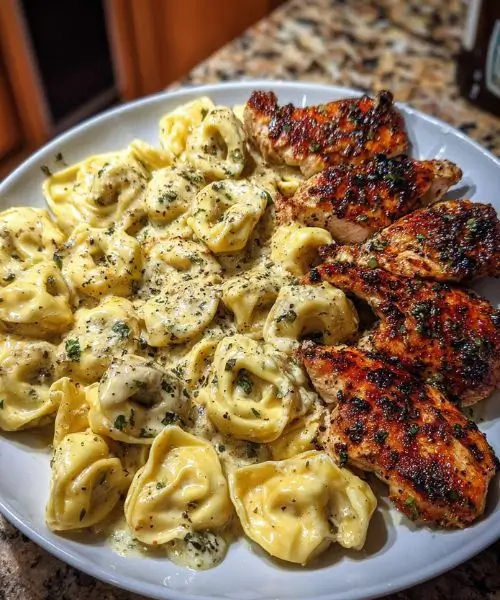 Chicken tortellini in creamy mozzarella parmesan sauce topped with seasoned grilled chicken and fresh herbs.