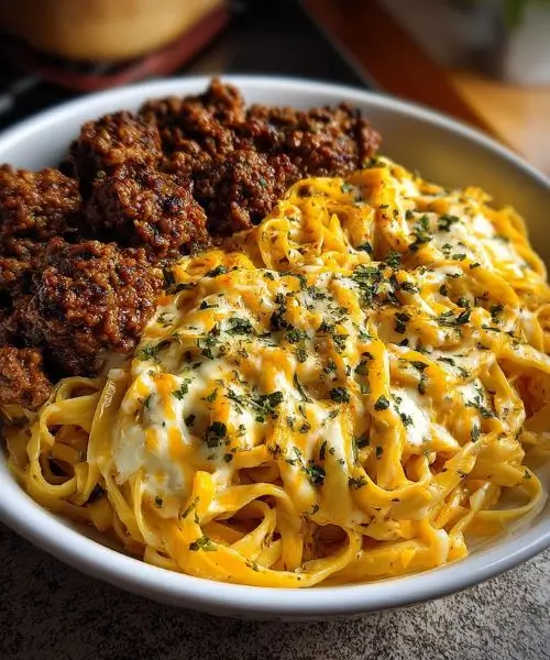 Beef Linguine with Velveeta Cheese sauce topped with seasoned ground beef and melted cheddar blend.