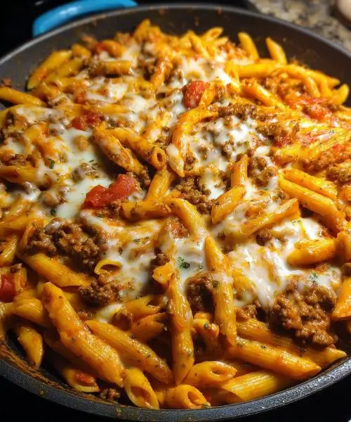 Beef Penne with Mozzarella Cheddar cheese in a rich tomato cream sauce.