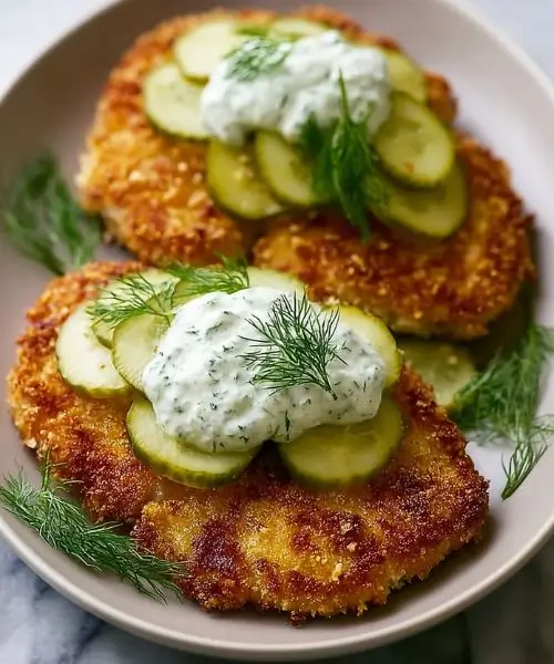 Crispy Dill Pickle Parmesan Chicken topped with sliced pickles and creamy dill sauce on a plate.