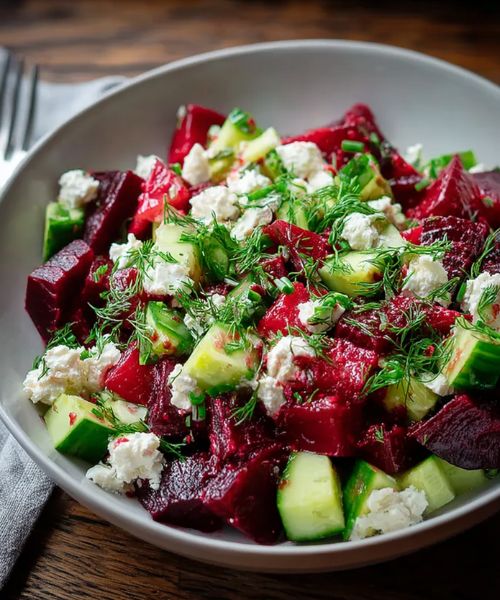 Fresh Beet with Feta and Cucumbers Dill Salad