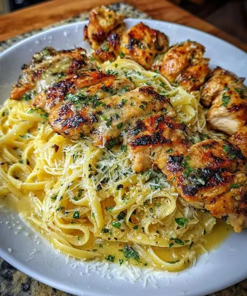Garlic Chicken Linguine with Parmesan Cheese topped with grilled chicken and freshly grated parmesan cheese in a creamy sauce.