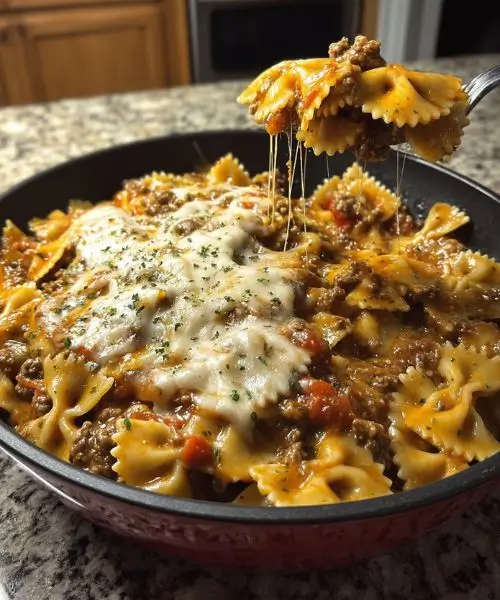 Italian beef and Velveeta bowtie pasta with seasoned ground beef, tomato sauce, and melted cheese.