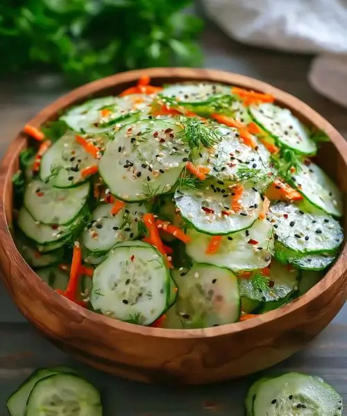 easy california roll cucumber salad with sesame seeds and herbs