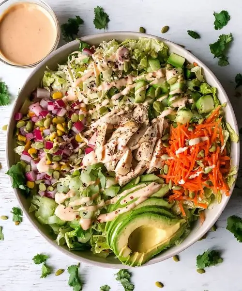southwest chipotle chicken chopped salad with avocado and creamy dressing