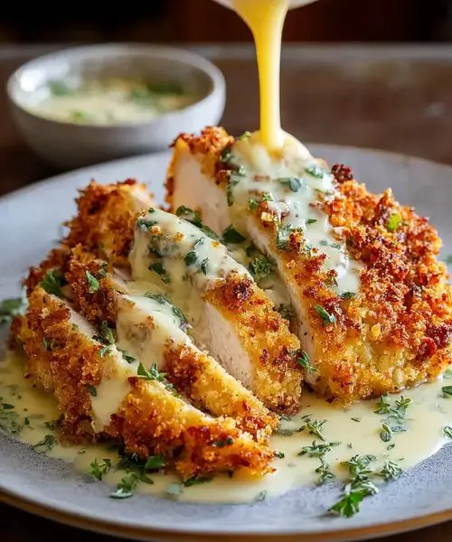 crispy parmesan chicken with garlic cream sauce on plate