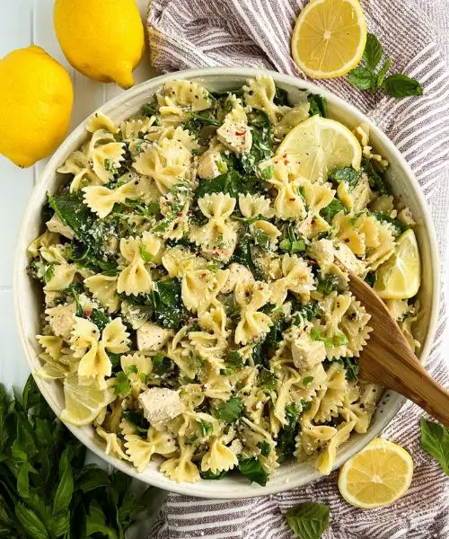 lemon basil parmesan pasta salad with farfalle chicken spinach and lemon