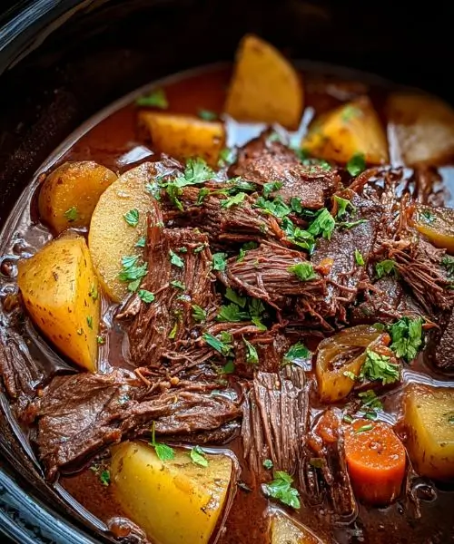 easy homemade beef stew with potatoes and carrots in rich broth