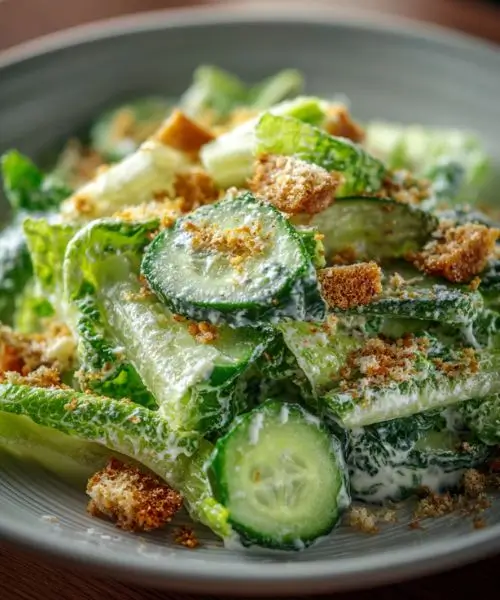 healthy cucumber caesar salad with romaine and croutons