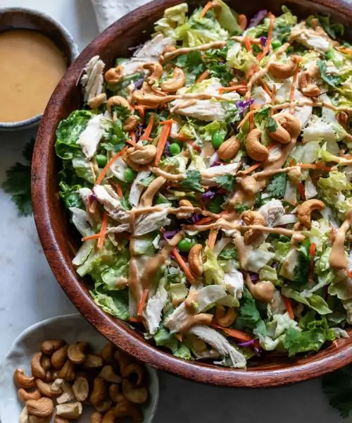 healthy chicken cashew crunch salad with sesame dressing