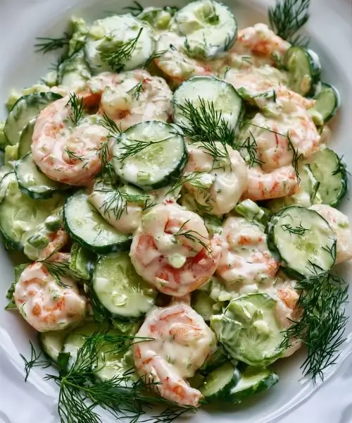 creamy cucumber shrimp salad with dill and lemon