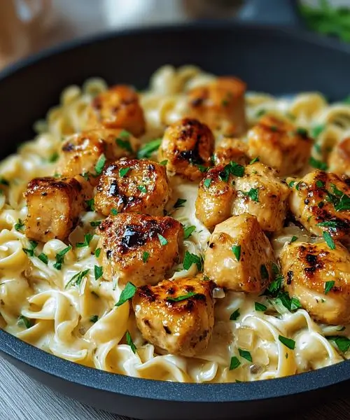 garlic butter chicken bites with creamy parmesan pasta