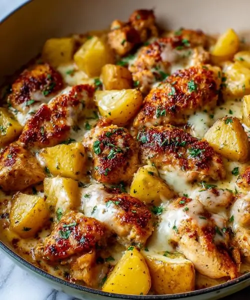 Garlic Parmesan Chicken and Potatoes in skillet