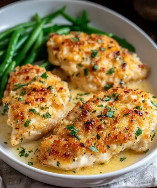 garlic parmesan chicken bake with golden crispy cheese topping