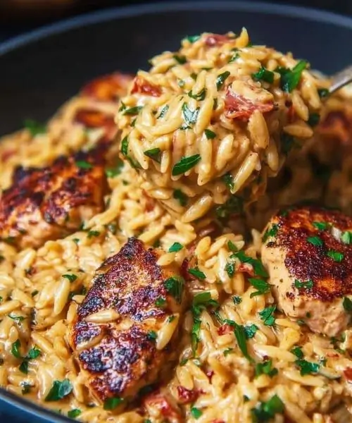 One Pot Cajun Chicken Alfredo Orzo with creamy Parmesan sauce and seared chicken