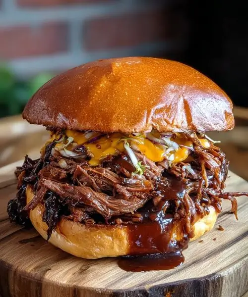 Homemade Pulled Beef Sandwich with barbecue sauce and melted cheddar cheese